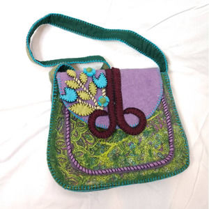 Rising Tide Boiled Wool Handbag Green Purple Floral
